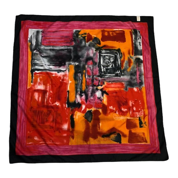 I D Unlimited Bright Fuchsia Pink Red Orange Black Square Scarf Made In Italy - Picture 7 of 12